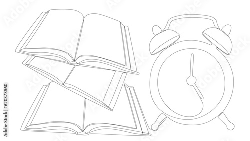 One continuous line of Book with Alarm Clock. Thin Line Educational Illustration vector concept. Contour Drawing Creative ideas for time to learn.
