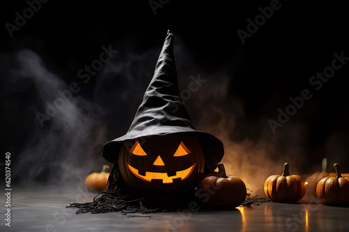 Enchanting Halloween Display Spooky Orange Pumpkins in a Row, Jack O' Lantern in a Witch Hat, and Mystical Fog. created with Generative AI