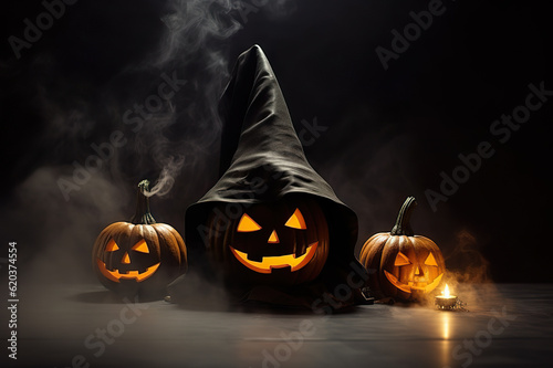 Enchanting Halloween Display Spooky Orange Pumpkins in a Row, Jack O' Lantern in a Witch Hat, and Mystical Fog. created with Generative AI
