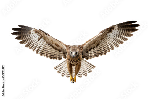 A hawk flying alone against a transparent background.