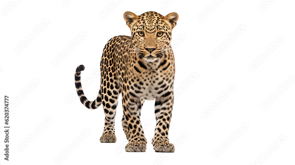 Obraz premium Image of a leopard standing and gazing directly at the camera, Panthera pardus, set against a plain transparent background.