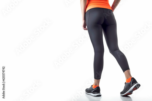 Athletic legs of a beautiful young woman, against a uniform studio background. Generative AI