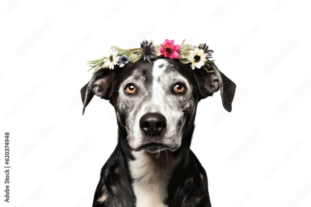 Studio picture of a fawn-colored rescue dog with a mixture of breeds, wearing a bandana that is black and white. The dog is standing and gazing straight ahead, set against a background that is light