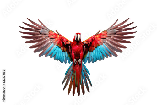 Flying vibrant red parrot, separated on a transparent background. Brilliant crimson and azure South American parrots, Ara macao, Scarlet Macaw, soaring with extended wings, untamed Amazonian bird.
