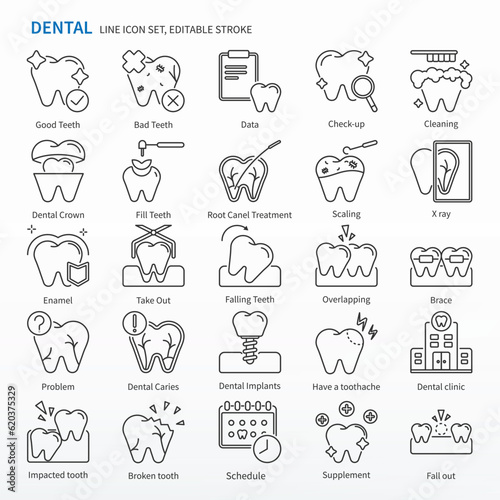 Dental icon set - Editable stroke. Pixel perfect vector, Thin line Icons. Same as Check up, Cleaning, Dental Crown, Fill Teeth, Root Canel Treatment, Scaling, X ray, Take Out, Falling Teeth, Overlappi