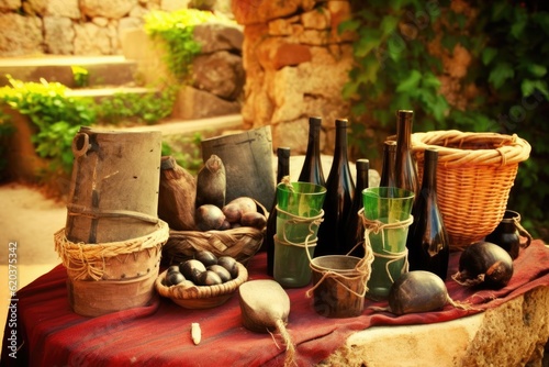 table filled with assorted bottles and baskets