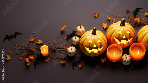 Festive Happy Halloween Banner Realistic Orange Pumpkins, Flying Bats, Golden Spider, Candles, Light Garlands on a Vibrant Background. created with Generative AI