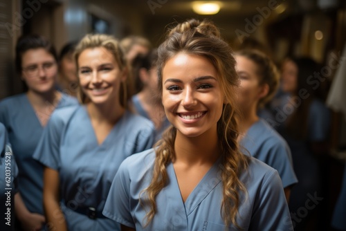 Happy young nurse in uniform with medical team behind Successful team of doctors and nurses smiling Beautiful and satisfied medical staff in private clinic looking at camera