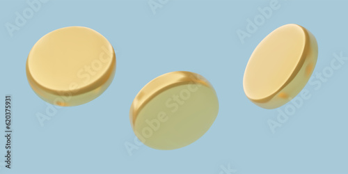Minimal 3d gold coins set flying in different positions three dimensional vector money illustration