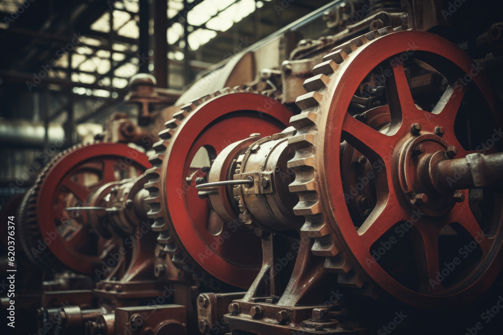 Close-up of industrial machine with big gears, Generative AI