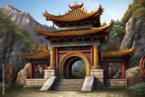 traditional Chinese architecture with mountainous landscape in the background