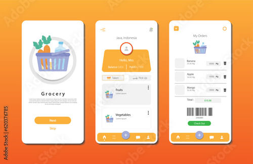 Application to buy groceries. Collection of online grocery store interface templates. Responsive GUI for mobile applications
