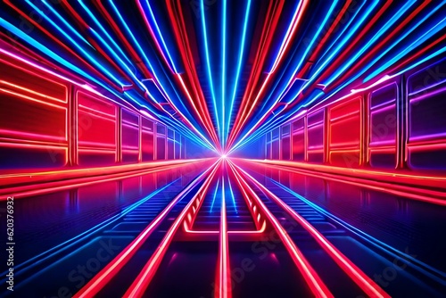Red and blue neon laser beams of light flash and shine. Festive concert club and music hall abstract 3D illustration for pop  rock  rap music performance. Colorful design overlay.