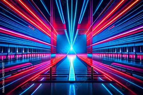 Red and blue neon laser beams of light flash and shine. Festive concert club and music hall abstract 3D illustration for pop  rock  rap music performance. Colorful design overlay.