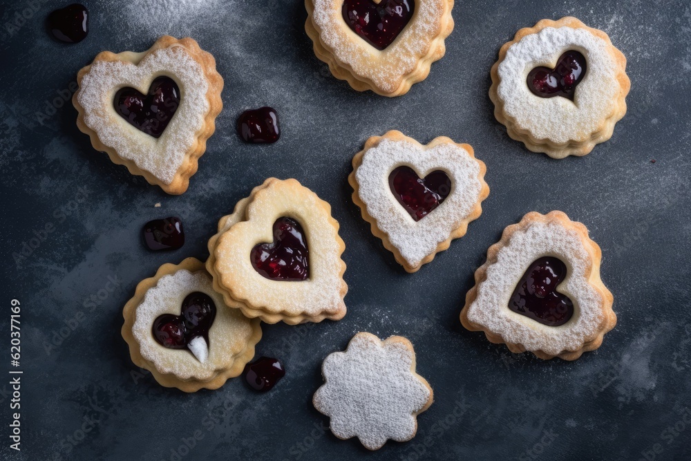 Illustration of heart-shaped cookies with jam filling on a wooden table