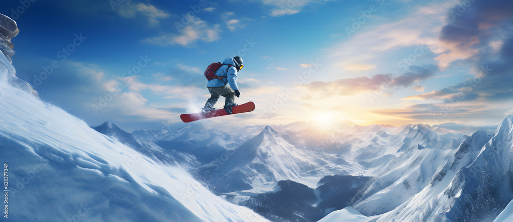 a person on a snowboard jumping a snowy mountain Generated by AI