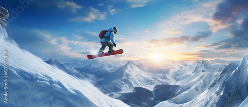 a person on a snowboard jumping a snowy mountain Generated by AI © 文广 张