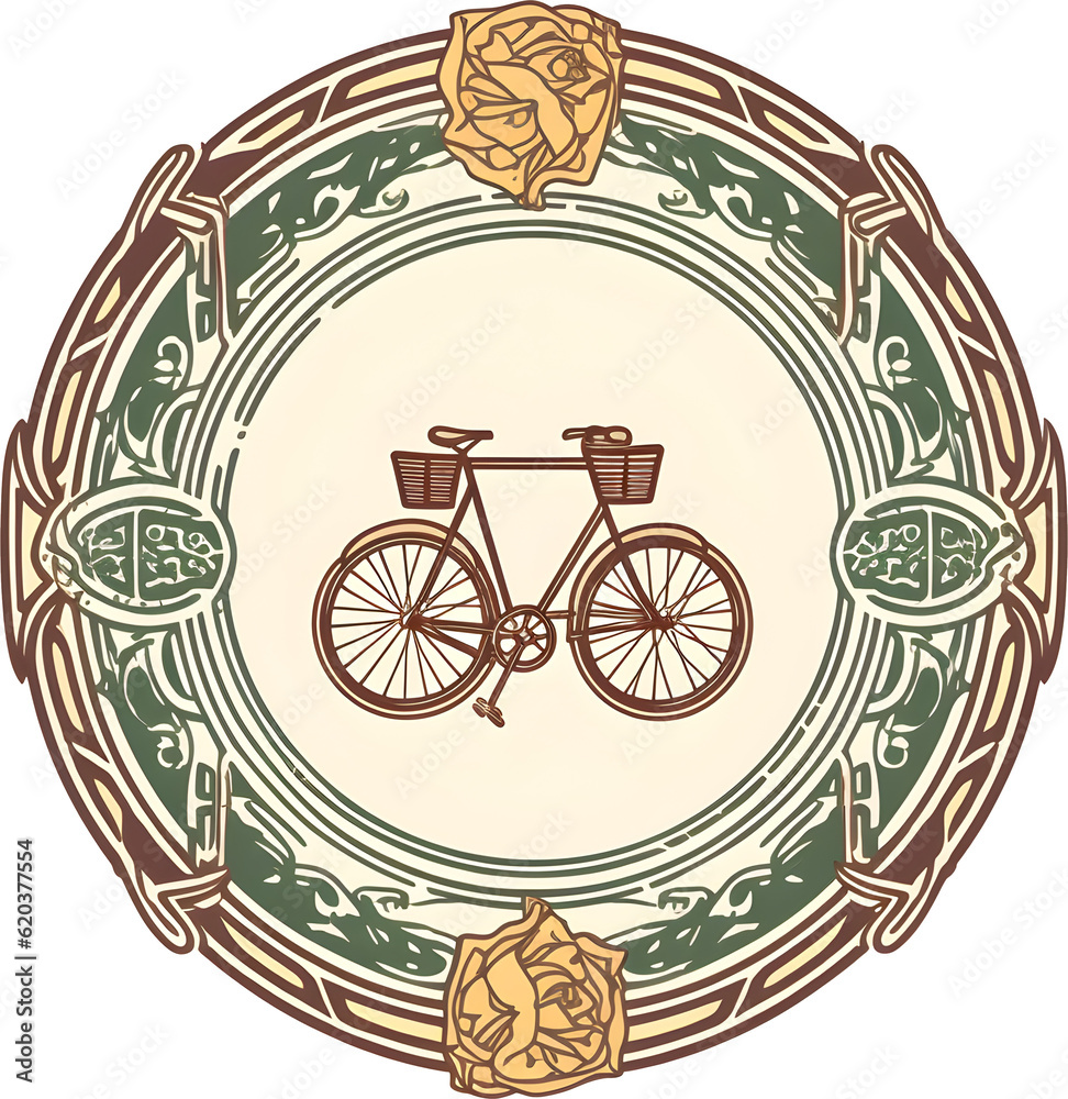 label art nouveau bicycle, bike. Generative AI label art nouveau bicycle, bike. Generative AI