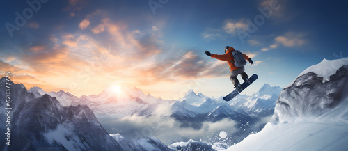 a man snowboards over some mountains during sunset Generated by AI