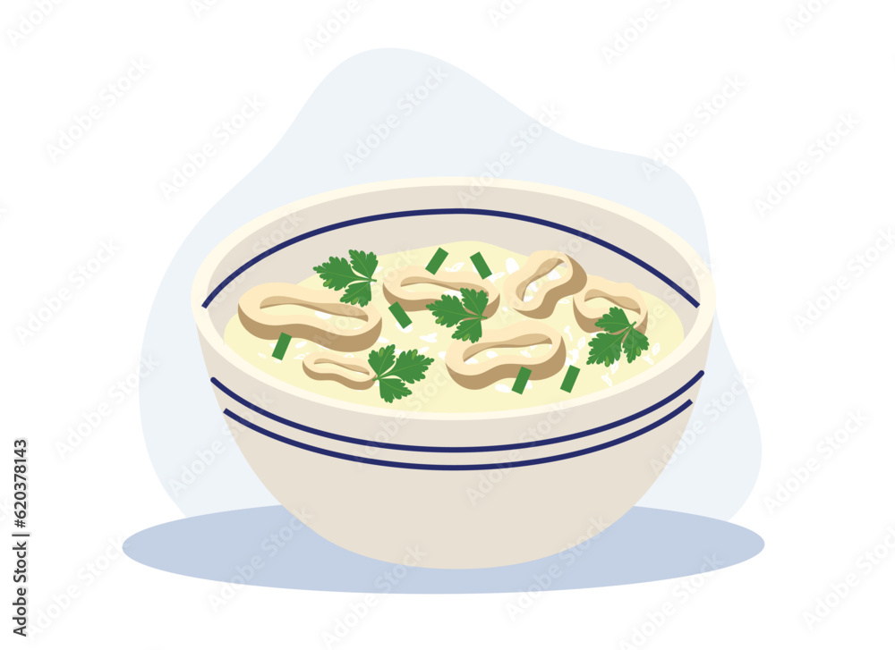 Seafood Porridge,Boiled rice soup. Thai traditional rice soup with squid. Flat vector cartoon illustration Seafood Porridge,Boiled rice soup. Thai traditional rice soup with squid. Flat vector cartoon illustration