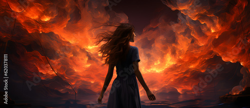 the woman stands in front of fire and clouds Generated by AI
