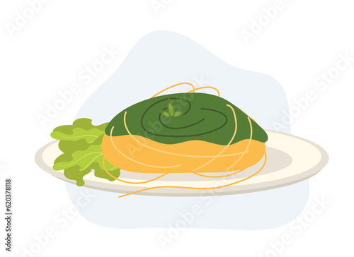 Spaghetti in pesto sauce. Flat vector cartoon illustration
