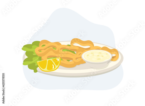 crispy Fried calamari rings with lemon wedge and tartar sauce .Flat vector cartoon illustration