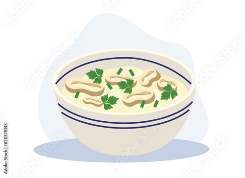 Seafood Porridge,Boiled rice soup. Thai traditional rice soup with squid. Flat vector cartoon illustration