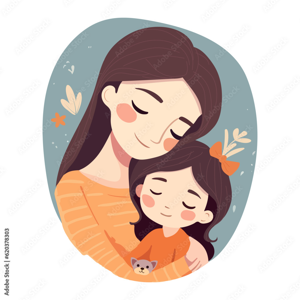 Mother embraces her daughter on a floral background, vector illustration in a flat style