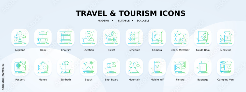 Travel and tourism icons collection with blue and green gradient style. holiday, hotel, passport, suitcase, summer, compass, transport. Vector illustration