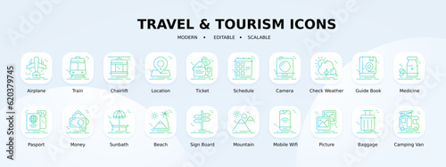 Travel and tourism icons collection with blue and green gradient style. holiday, hotel, passport, suitcase, summer, compass, transport. Vector illustration