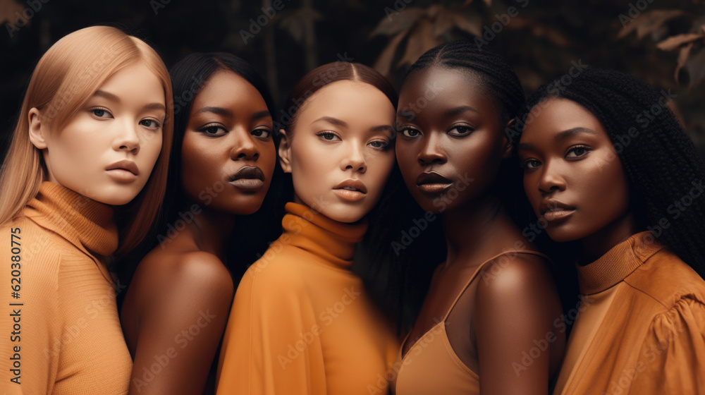 Obraz premium Inclusive Beauty: Diverse Women Embracing Beauty Glamour and Neutral Fashion Campaign Retouched Powerful Generative AI