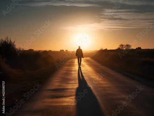 silhouette of a person walking on the road © QuanSheng