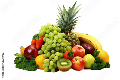 Background information on organic food. Pictures of various fruits and vegetables captured in a professional manner  with a solid transparent background. Space provided for additional content. High