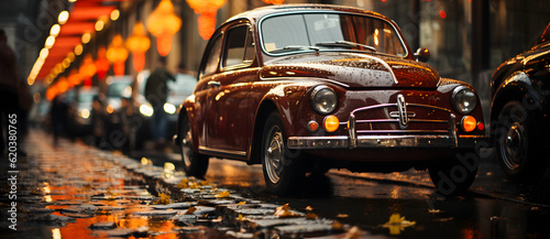 an old fashion car parked along the street in the rain Generated by AI