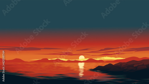 Vector illustration of beautiful calm red sunset over a lake