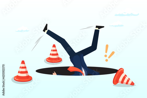 Terrified businessman fall down into the hole, failure or mistake causing catastrophe despair, problem or risk from crisis or recession, danger or business accident, trouble, loss or pitfall  (Vector)