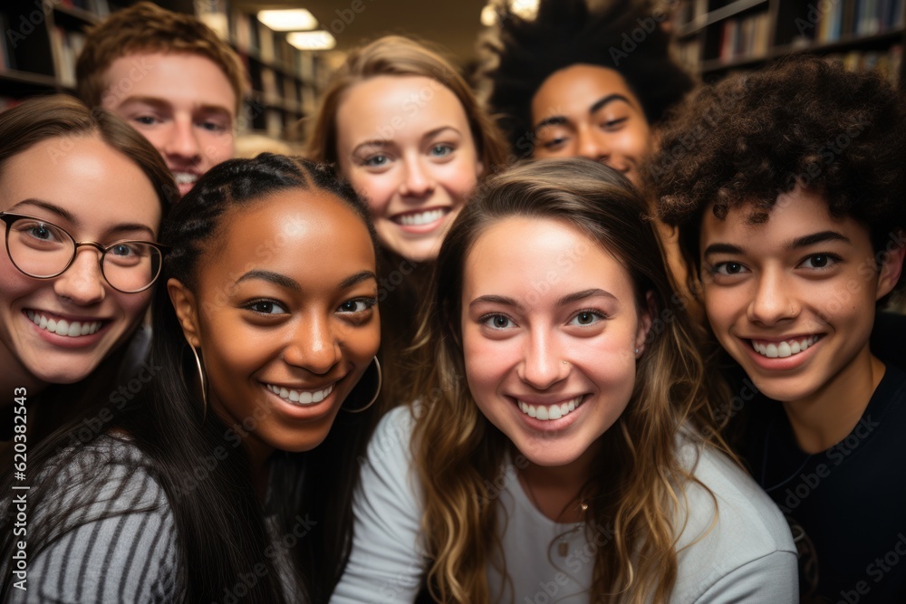 Happy and friendly international college students, embracing, pose in the library near the bookshelves. Group of fun millennials looking at camera, relationship concept