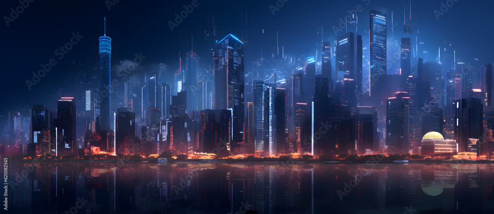 a city lit up with skyscrapers is next to the water Generated by AI