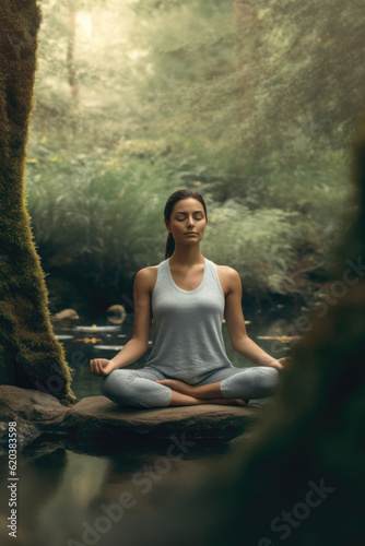 Woman Meditating in Nature's Embrace - Generative AI