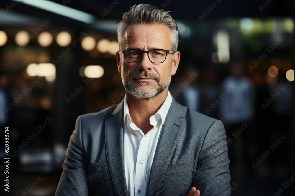 Happy middle-aged businessman standing in arms at work