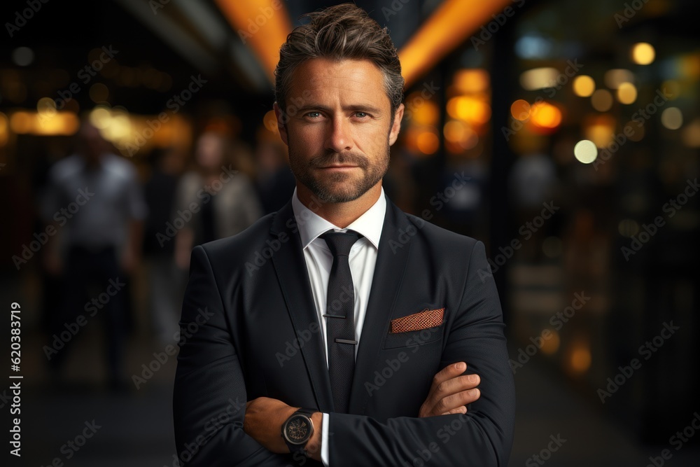 Happy middle-aged businessman standing in arms at work Happy middle-aged businessman standing in arms at work