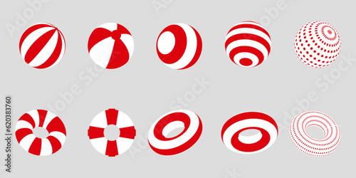 Various shapes of beach ball pattern in red and white colors