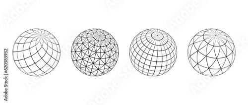 Wireframe spheres collection. 3d outline globes with different grid patterns. Black geometric circle elements for design templates, icons, logo. Abstract balls with connected lines. Vector pack