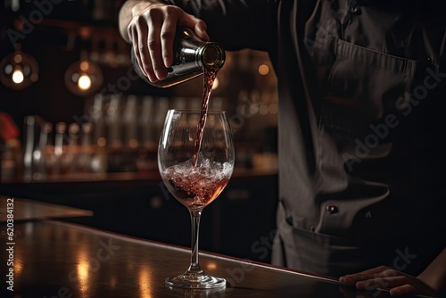 Bartender pouring red cocktail into glass at bar counter, closeup, A bartender closeup and without face pouring wine AI Generated