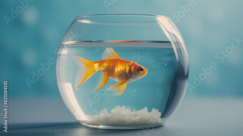 Goldfish in round glass aquarium in sunlight on table. Ai generated