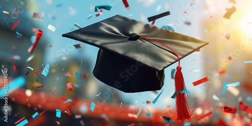 Gradution Cap with Confetti Background, Graduation Day Concept. Generative Ai