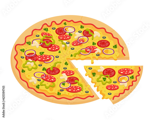 Pizza with tomato, cheese, olives, pepperoni, onion, basil, pepper and mushrooms. Traditional italian fast food. Whole round pizza with cut off slice.