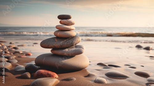 Meditation Stones Stacked on a Tranquil Beach