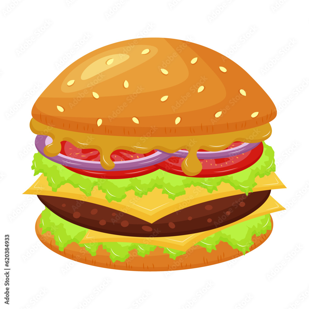 Big hamburger with cheese, mustard, tomatoes, chop, lettuce and onion. American fast food. Cartoon flat vector illustration. Big hamburger with cheese, mustard, tomatoes, chop, lettuce and onion. American fast food. Cartoon flat vector illustration.